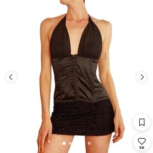 Victoria’s Secret (2006) black silk halter bustier top with hook and eye Boned